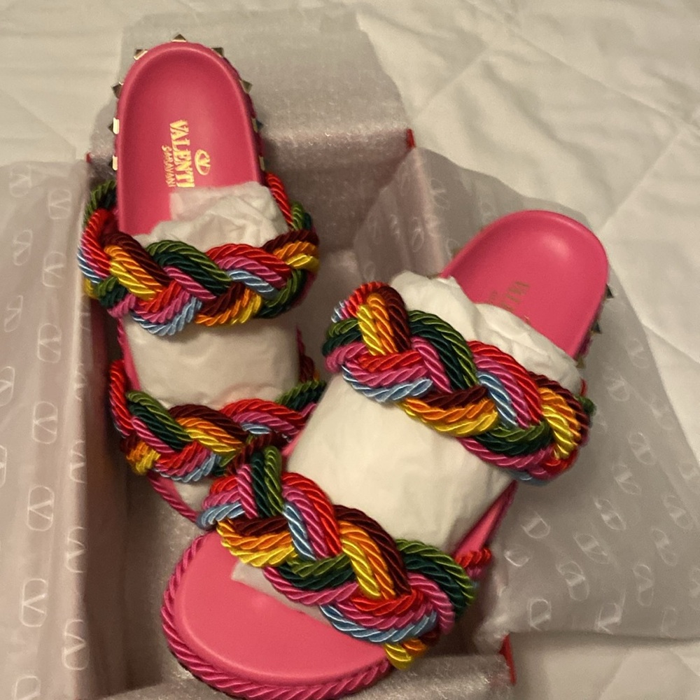 Valentino Garavani Multi Color Rainbow Braided Rope Sandal Slides NEW IN BOX